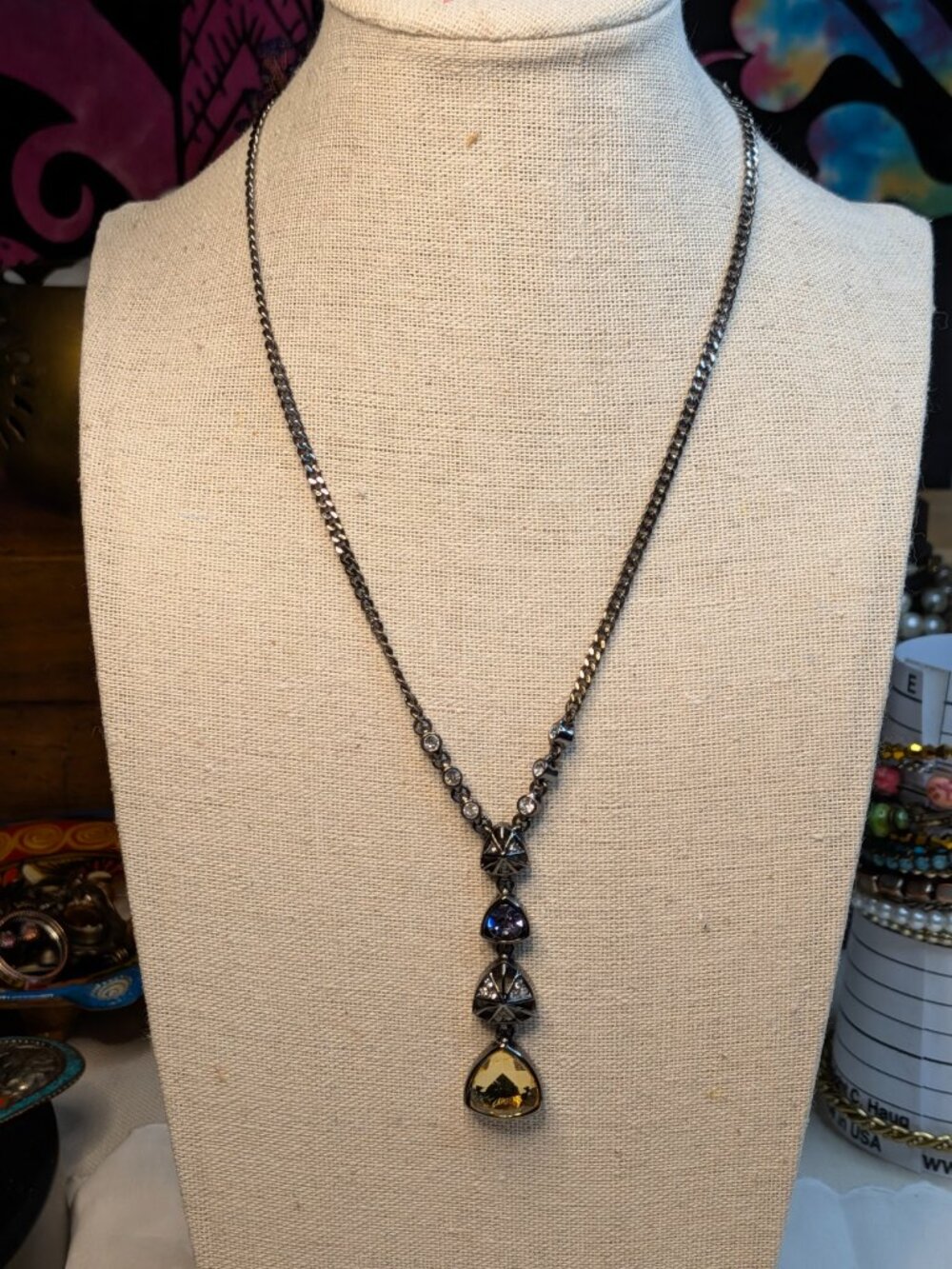 Vintage Givenchy Gunmetal Crystal Y‑Drop Necklace – Adjustable 15.5"–18"